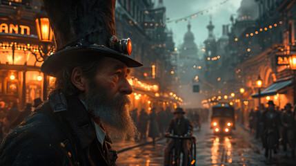 Steampunk Elegance: A Bearded Man Sporting a Top Hat and Monocle, Effortlessly Riding a Penny-Farthing Bicycle Through the Intricate Streets of a Steampunk City, Embodying the Fusion of Victorian.