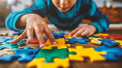 Close up of boy playing with colorful jigsaw puzzle