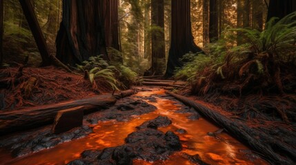 AI-generated illustration of a vibrant orange creek flowing in the lush forest. - obrazy, fototapety, plakaty