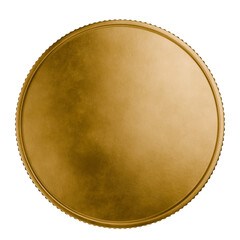 Donations. Coin for casino. Money, bank, loans. Blank template for gold coin or medal with metal texture. Currency. Medal, prize. Subscription. Blank gold coin on a transparent, white background. 