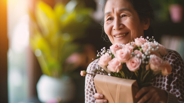 Portrait of happy senior woman holding a bouquet of flowers.