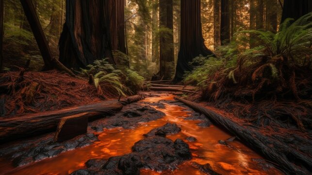 AI-generated illustration of a vibrant orange creek flowing in the lush forest.