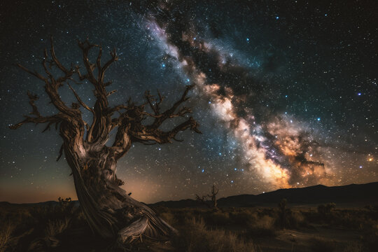 Fantasy landscape with old tree in desert and milky way.