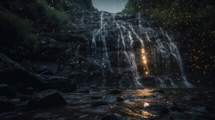 AI-generated illustration of a magical waterfall cascading down a cliff, surrounded by fireflies.