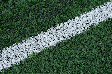Fragment of green football field with artificial turf and net, close-up. Artificial green grass,...