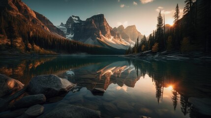 AI-generated illustration of a scenic mountain range and tranquil lake at sunset.