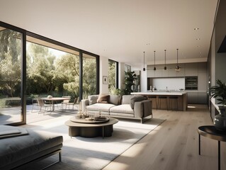 AI-generated illustration of a spacious living room with modern furniture and big windows