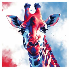 AI generated illustration of a vibrant watercolor painting of a giraffe in red and blue hues