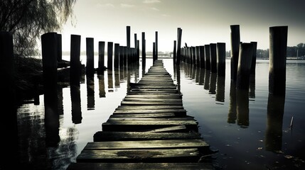 Old wooden dock on a tranquil body of water, extending out into the horizon. AI-generated.