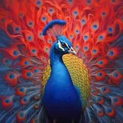 AI generated illustration of an abstract peacock with shades of blue and orange