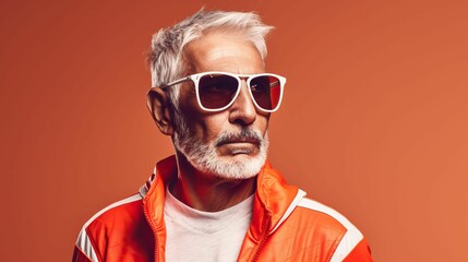 An AI generated illustration of an older man wearing sunglasses and a jacket and an orange jacket - obrazy, fototapety, plakaty