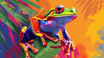 frog bright colorful and vibrant poster illustration - obrazy, fototapety, plakaty