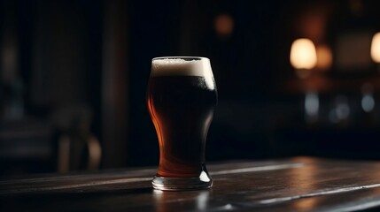 AI generated illustration of a tall, freshly poured glass of beer with a foamy head - obrazy, fototapety, plakaty