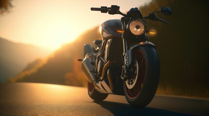 AI-generated illustration of a motorcycle parked on a rural road at sunset.