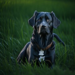 AI generated illustration of a black dog in a sunny outdoor setting, sitting in lush green grass