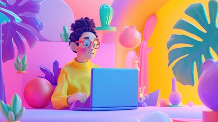 a colorful illustration of 3d character sitting on the laptop. cartoon, soft pop style