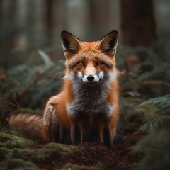 Fototapeta premium AI generated illustration of a red fox atop a mound of fallen autumn leaves