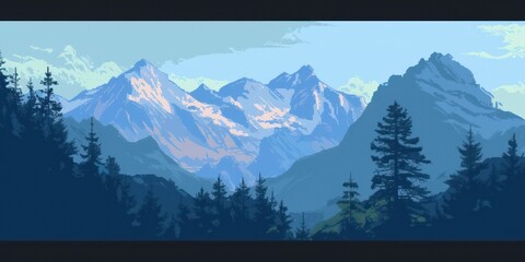 Mountain landscape rendered in a minimalist style with pixels and dots emphasizing contrast.