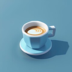 AI generated illustration of a coffee cup and saucer placed on a vibrant blue surface