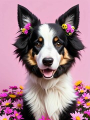 AI generated illustration of an adorable dog with a beautiful floral head decoration