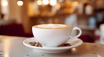 AI generated illustration of a white ceramic coffee cup  placed on a wooden table