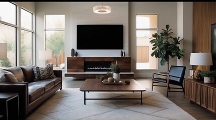 Stylish living room with a comfortable couch, a modern table, and a large TV set. AI-generated.