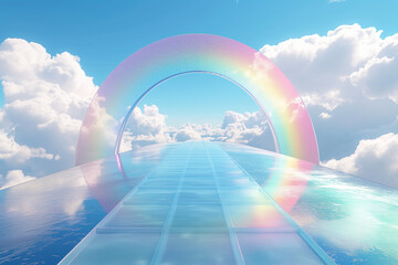 Sparkling rainbow arch rises majestically over a reflective blue pathway suspended above the clouds. 3d surreal environment.