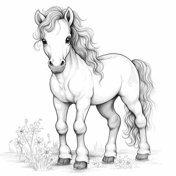 AI generated illustration of a majestic horse standing in picturesque meadow filled with wildflowers