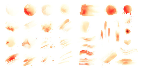 orange watercolor splashes. set of watercolor stains. orange watercolor strokes of various shapes. Orange ink splashes. Dripping colorful paint. Isolated transparent background PNG. Set 01