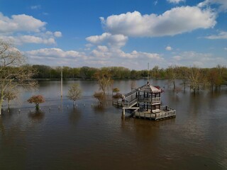 Aerial view of Sunset Marina Watchtower in Rock Island Quad Cities during flood season