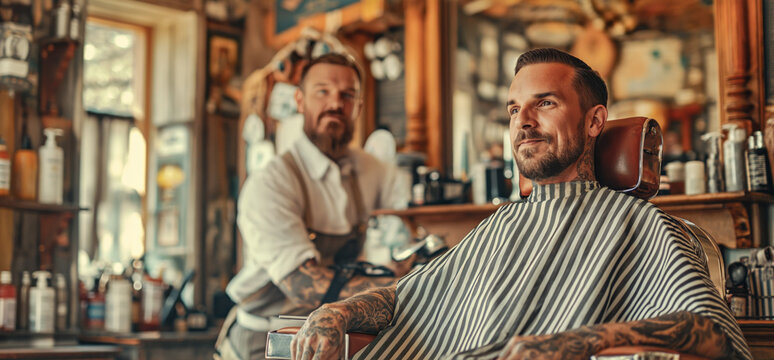 Vintage Barber Shop Scene with Barber and Client Enjoying a Moment
