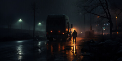 night traffic in the city, a antonym scary looking man is Watching a modern truck