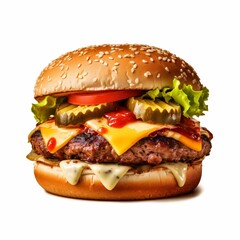 AI generated illustration of a delicious burger on a white background
