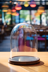Clear glass cloche dome, placed on a table in a restaurant, showcasing an empty dish. Empty protective showcase for food mock-up with copy space. AI-generated
