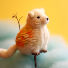 A felted figurine of a fat white mink. A cute ferret toy made of wool. AI-generated