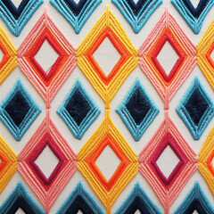 A close-up decorative ethnic embroidery on a white background. Textile rhombuses of red and blue creating an abstract geometric pattern. AI-generated