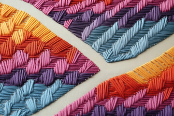A close-up of abstract colorful embroidery. Blue, orange and purple stitches on decorative embroidered textile. AI-generated