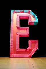 A big fabric letter E as an artwork. Pink capital letter made of threads, standing on the floor against a black wall. AI-generated