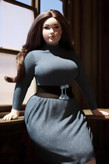 An indoor portrait of a young white chubby woman. Her curvy figure in a beautiful blue dress radiates confidence and style. AI-generated