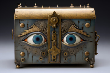 An ancient metal trunk decorated with blue eyes. A mysterious old chest with a closed lid secured by a lock. A bronze steampunk style box. AI-generated