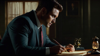 man in a suit writing on a piece of paper