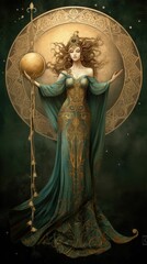 AI generated illustration of a female Celtic Moon Goddess in a long dress with golden details