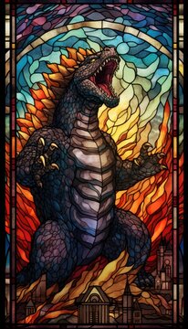 AI generated illustration of a vibrant stained glass artwork depicting the classic monster Godzilla