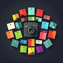 AI generated illustration of a digital camera with sticky notes surrounding it on a black background