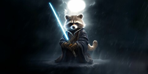 an angry raccoon stands in the rain holding a jedin sword