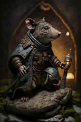 AI generated illustration of a mouse wearing knight's armor while gripping a sword and shield