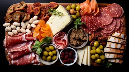 Wooden tray with an arrangement of various snacks of cheese and salami, AI-generated.