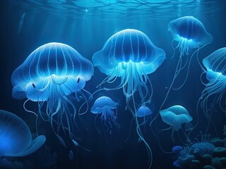 AI generated illustration of colorful jellyfish swimming in blue water - obrazy, fototapety, plakaty