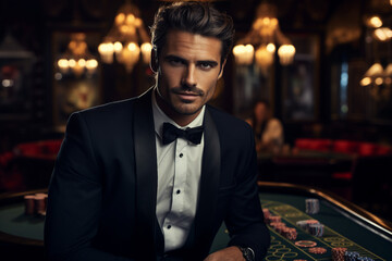 Fototapeta premium Concept of casino games poker slots free spins chips cards dice players las vegas Generative AI picture