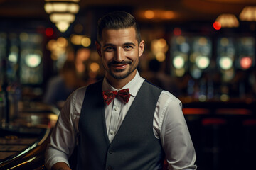 Fototapeta premium Concept of casino games poker slots free spins chips cards dice players las vegas Generative AI picture